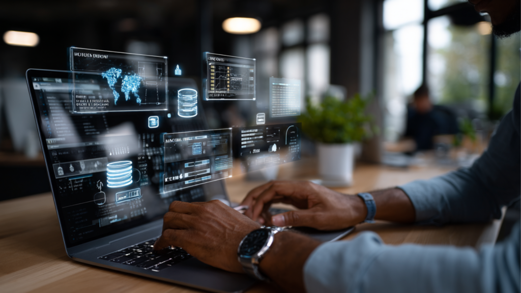 système d'hébergement privé VPS illustré qui sort de l'écran d'un pc portable