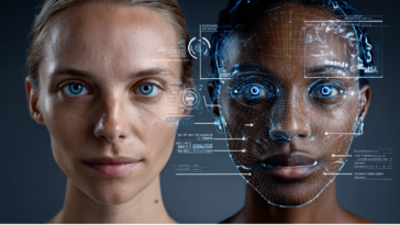 Vue de deux visage humains dont les couleurs de peau et traits ont été changé numériquement