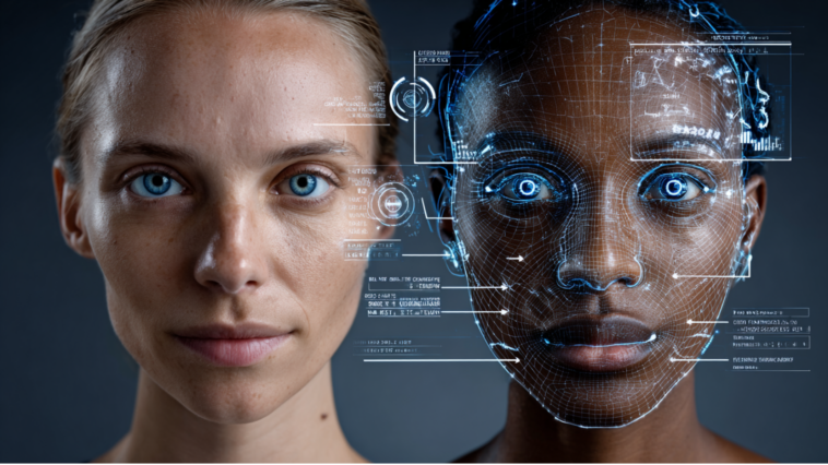 Vue de deux visage humains dont les couleurs de peau et traits ont été changé numériquement