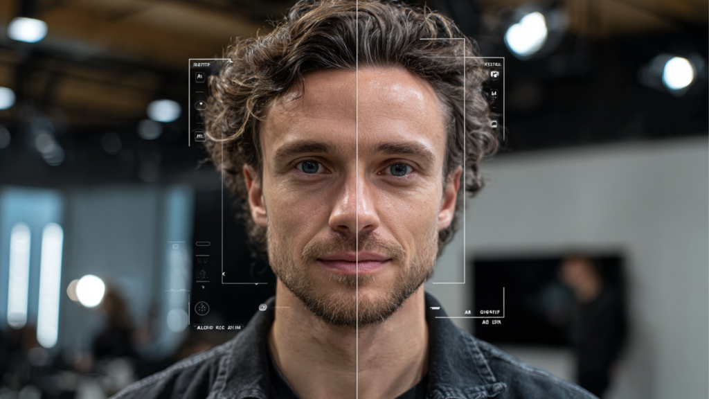 Illustration splittée d'un visage masculin où les traits et couleurs sont légèrement modifiées via des outils numériques