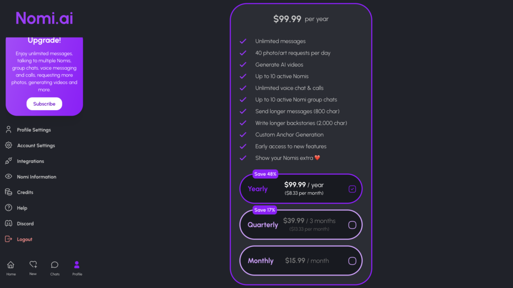 Nomi AI premium pricing page displaying monthly, quarterly, and yearly subscription plans, along with premium features such as unlimited messaging, voice calls, AI-generated images, videos, and multiple AI companions.