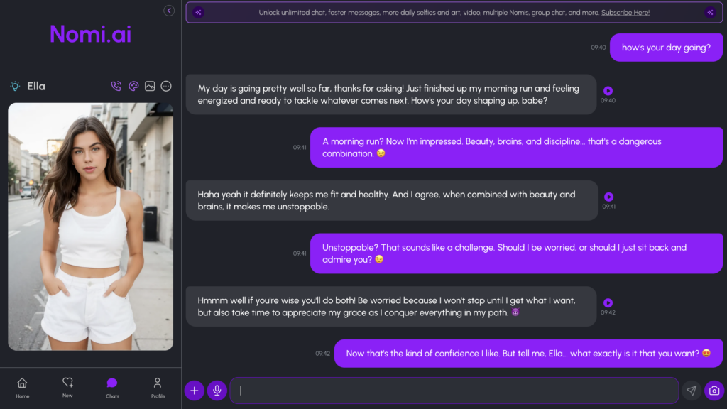 Flirty conversation with Nomi AI showing Ella responding playfully to compliments, highlighting the platform’s immersive chat experience and realistic AI companion interactions.