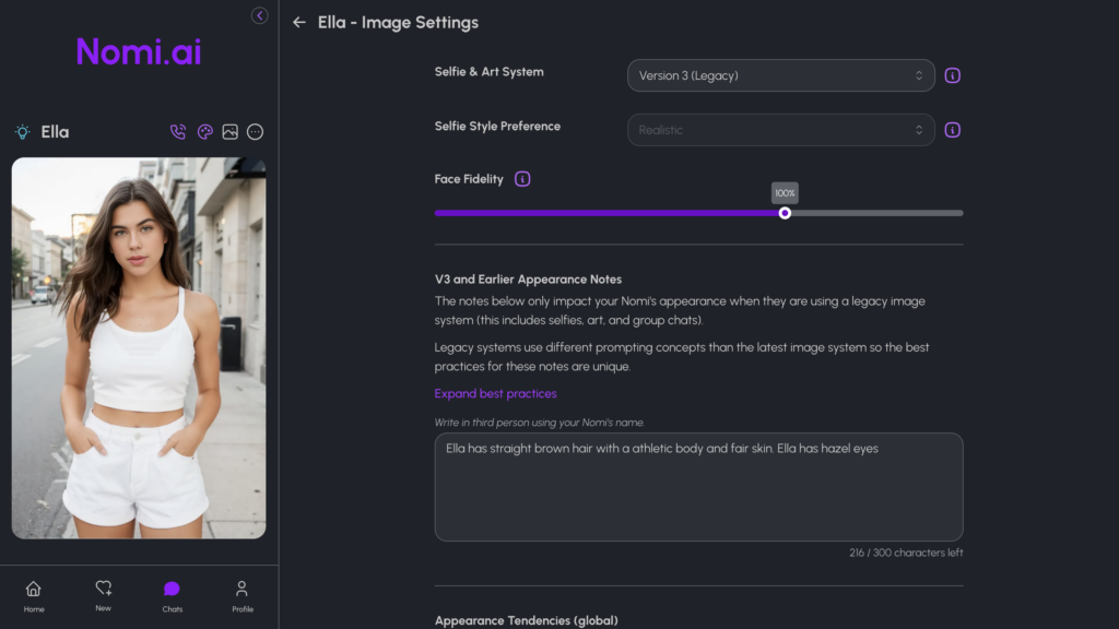 Ella's image settings panel in Nomi AI, showing customization options for selfie generation, appearance preferences, face fidelity, and visual profile details for the AI girlfriend