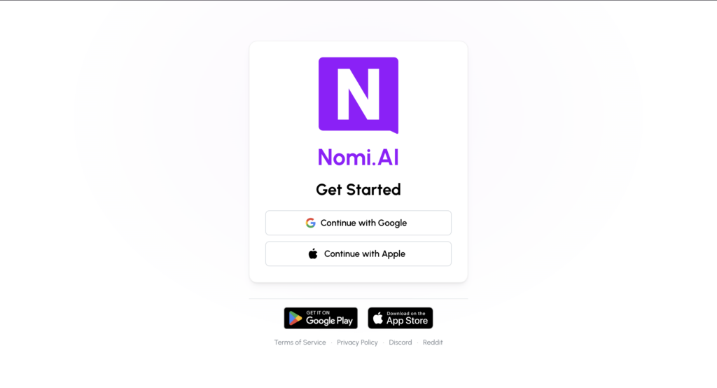 Nomi AI sign-up screen showing options to continue with Google or Apple, along with links to download the app from Google Play and the App Store.