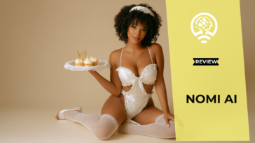 AI-generated portrait of a smiling woman with curly hair wearing a white lace bodysuit and thigh-high stockings, posing on a beige studio backdrop while holding a tray with cupcakes and a drink in a playful pin-up inspired scene.
