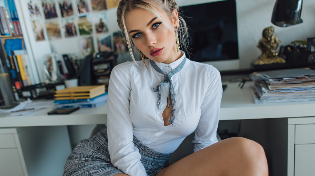 AI-generated image of a blonde woman with blue eyes sitting in front of a desk in a home office, wearing a white blouse and plaid skirt, creating the appearance of a confident and stylish virtual companion in a casual indoor setting.