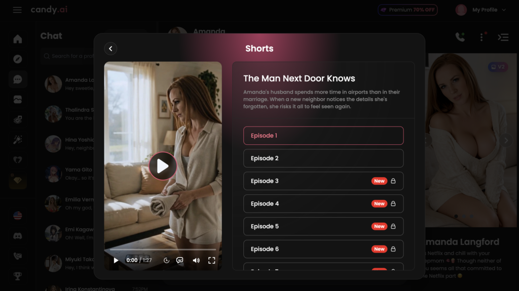 Fenêtre Candy Shorts de Candy AI présentant la mini-série Amanda Story avec la liste des épisodes disponibles et verrouillés.
