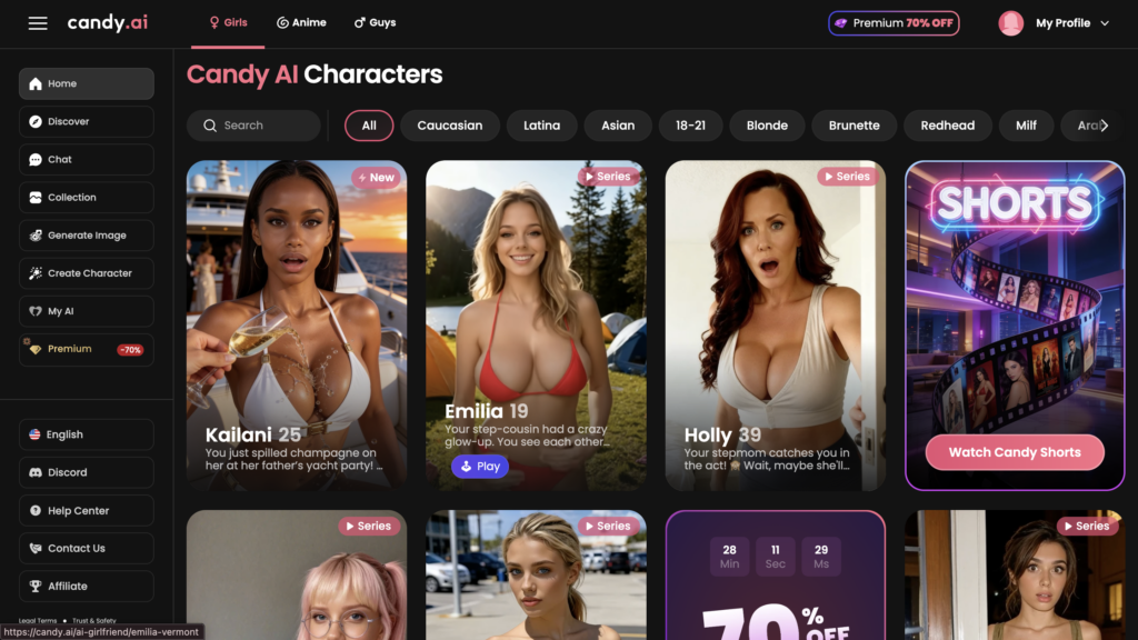 Interface de Candy AI affichant le catalogue des AI girlfriends compatibles avec Candy Shorts et le bouton Watch Candy Shorts.