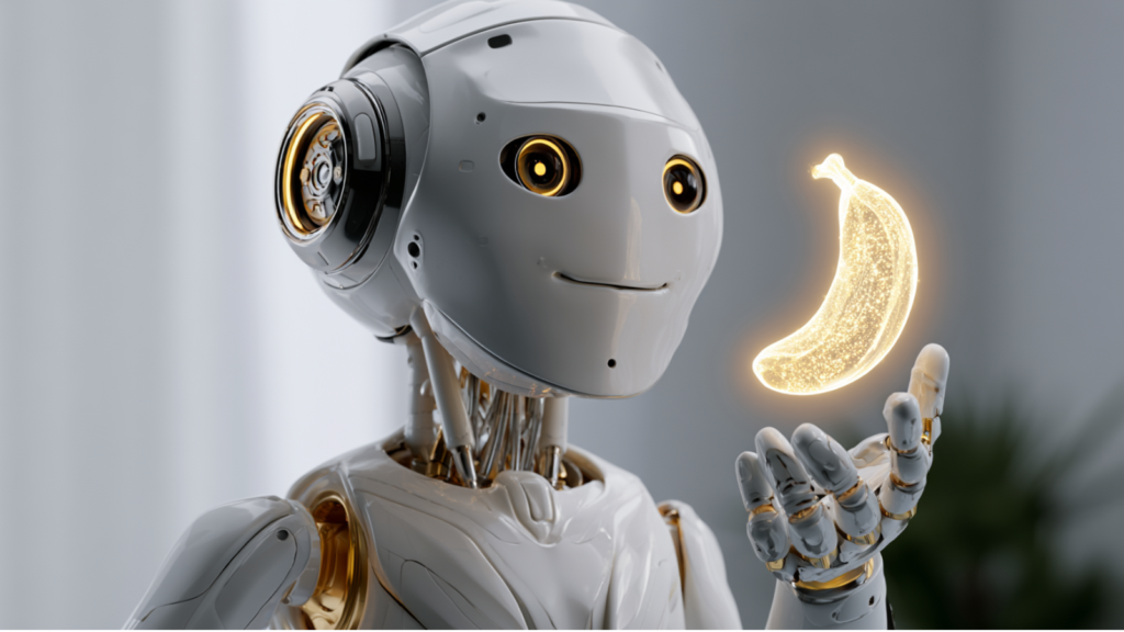 Robot IA tenant un hologramme de banane pour illustrer le sysètme Nano Banana