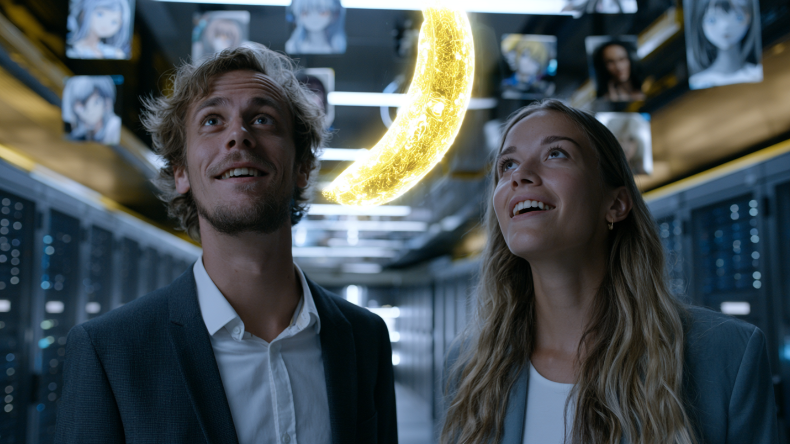 Deux jeunes personnes devant une interface tech regardant plusieurs images générées par IA et au centre le coeur de Nano Banana