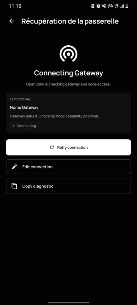 Récupération de la passerelle OpnClaw sur Samsung Galaxy