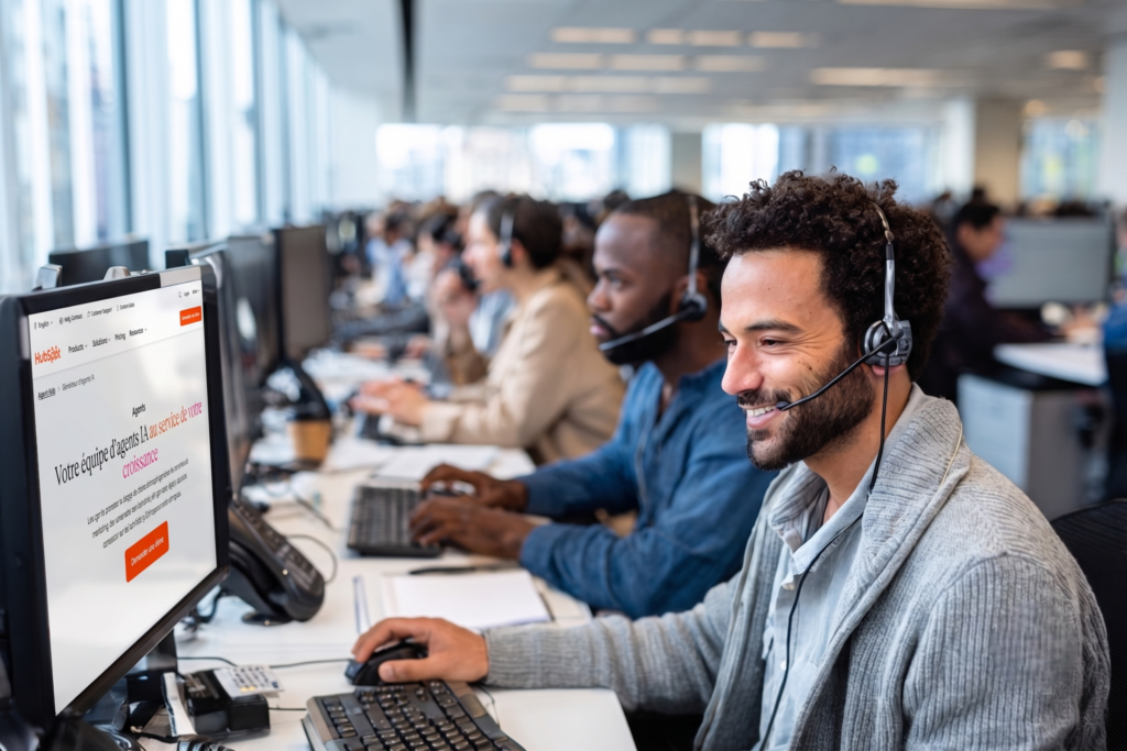 Équipe de support client utilisant le Breeze Agent de HubSpot dans un bureau moderne