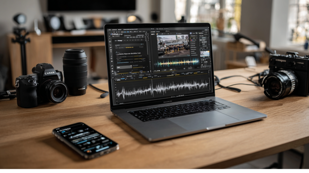PC portable affiché avec l'utilisation d'un outil de sous-titrage IA