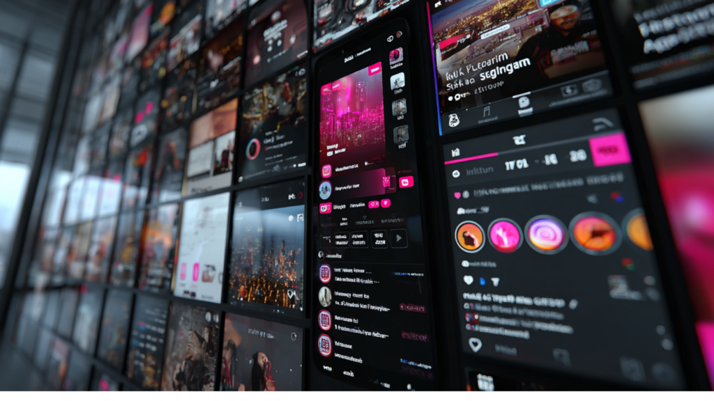 Murs avec affichage de plusieurs interfaces numériques de vidéos Instagram
