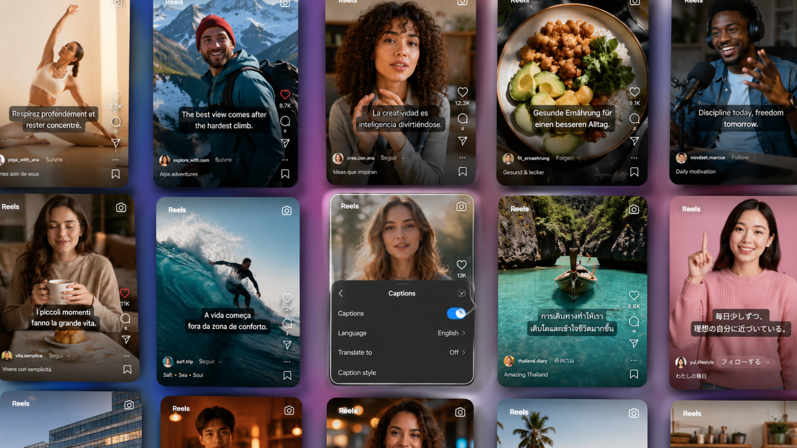 Défilement d'interface Reels d'Instagram avec des sous-titres