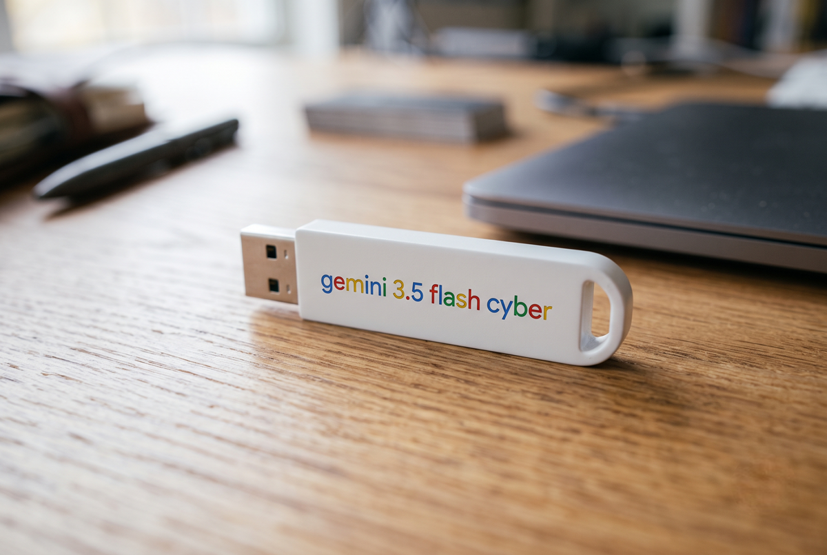 Clé USB de sécurité avec le nom Gemini 3.5 Flash Cyber posée sur un bureau professionnel