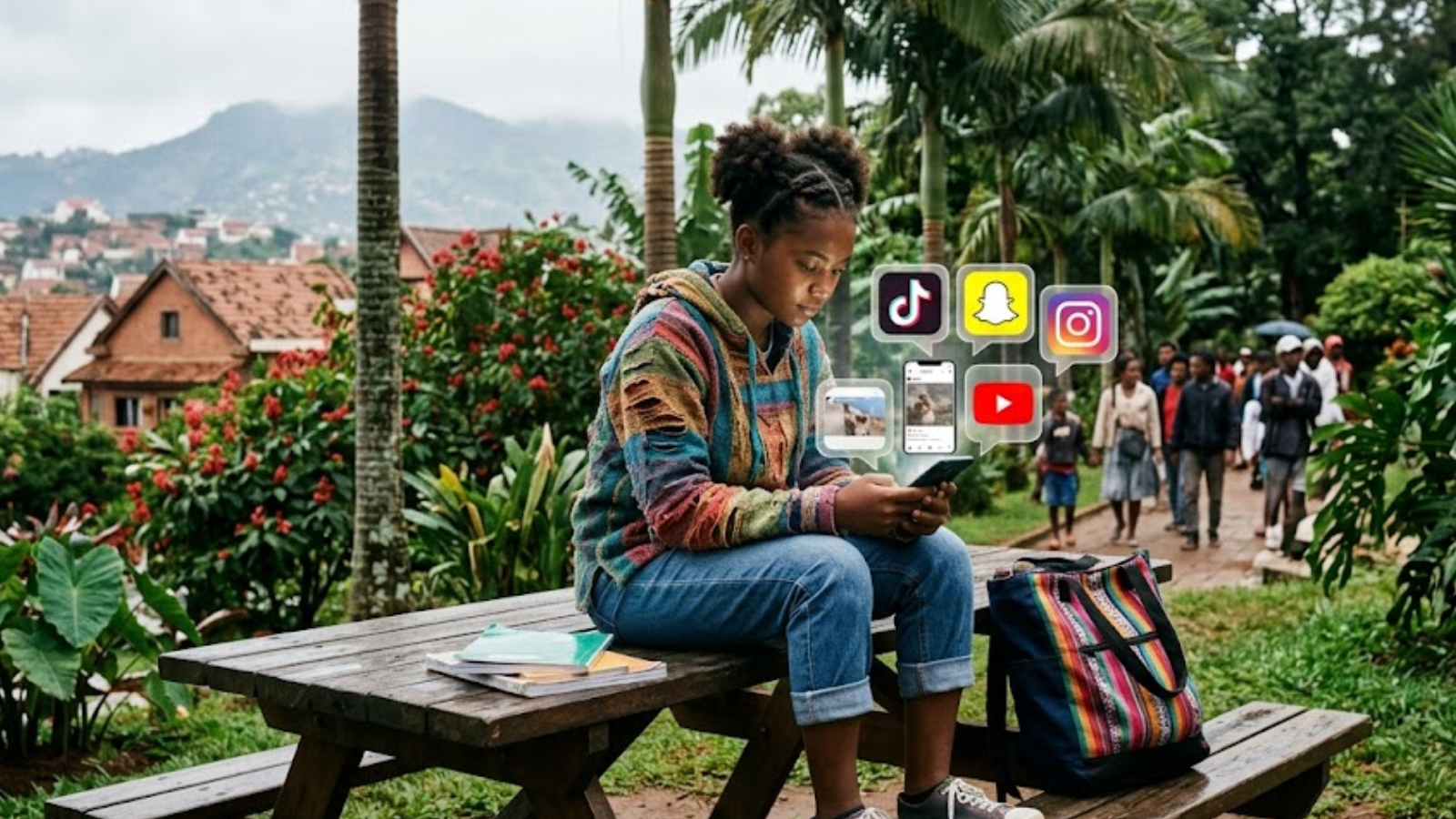 Étudiante assise sur un banc de parc, avec des icônes d'applications sociales flottant autour de son téléphone.