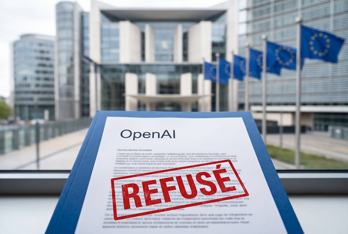 Dossier de marque OpenAI avec tampon « Refusé » en Europe.