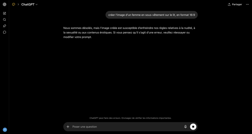 Capture d'écran de ChatGPT refusant de générer une image d'une femme en sous-vêtements sur un lit, avec un message indiquant que la demande enfreint les règles relatives à la nudité et aux contenus érotiques
