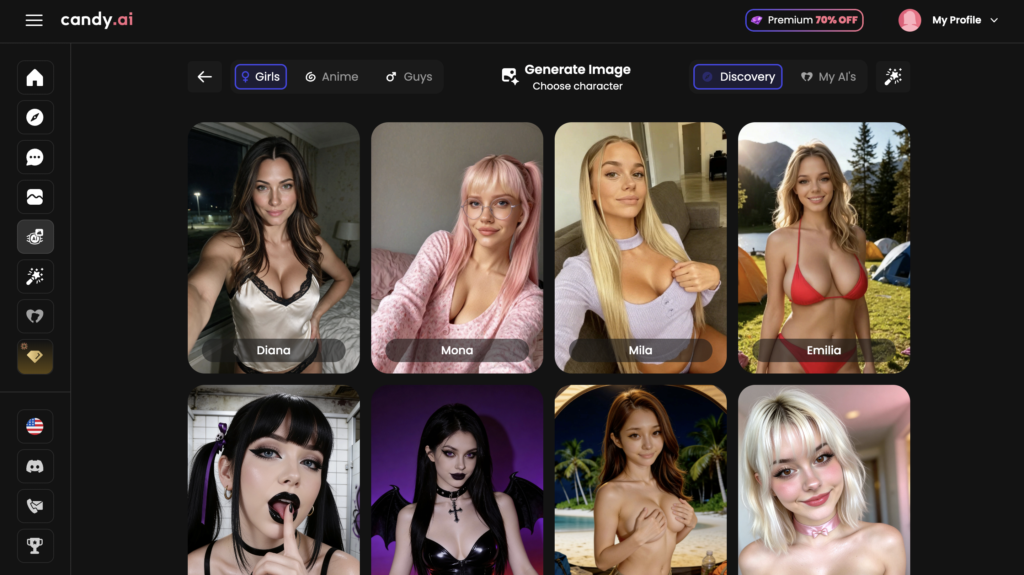 Interface de Candy AI affichant un catalogue de personnages virtuels féminins parmi lesquels choisir avant de générer des images personnalisées.