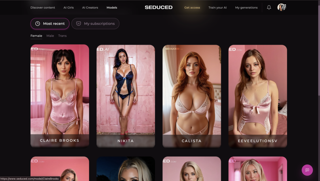Seduced AI interface displaying a gallery of customizable AI girls with realistic portraits, creator profiles, and model categories for browsing virtual companions.