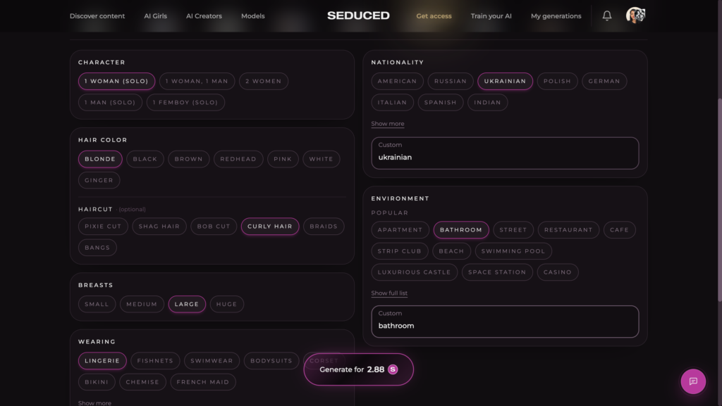 Seduced AI character creation interface with customization options for appearance, nationality, hairstyle, clothing, body features, and environment before generating realistic AI images.