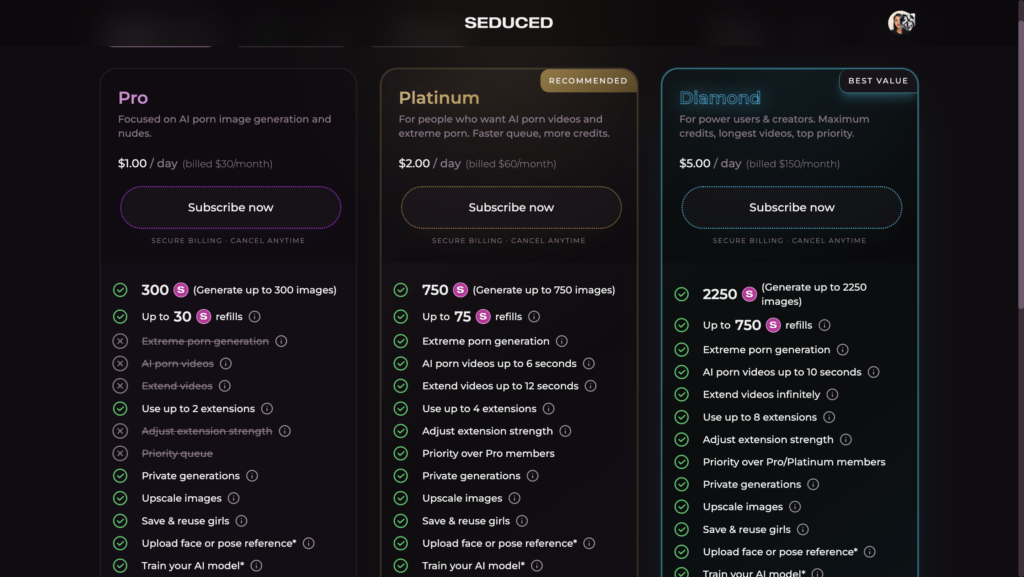 Seduced AI pricing page comparing the Pro, Platinum, and Diamond plans with monthly prices, credit allowances, AI video features, and image generation limits