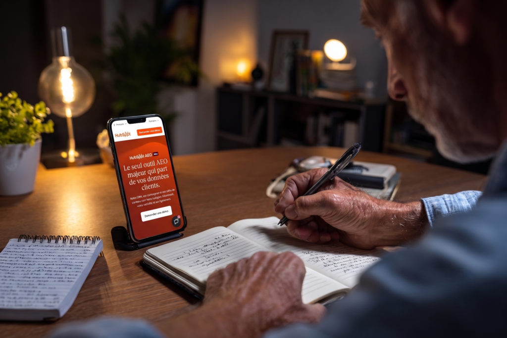 Mains d'un référenceur prenant des notes à côté d'un smartphone affichant les dates de coupure des données du HubSpot AEO Grader.
