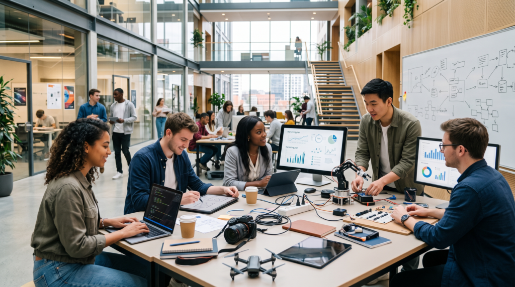 Collaboration d'étudiants en formation IA alternance sur des projets de données et robotique dans une école numérique moderne.