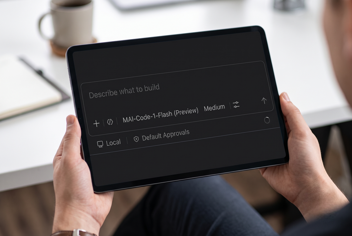 Une tablette avec MAl-Code-1-Flash (Preview) affichée à l'écran