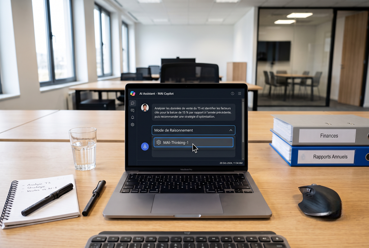 Interface Copilot avec sélection du modèle MAI-Thinking-1 pour un raisonnement IA avancé
