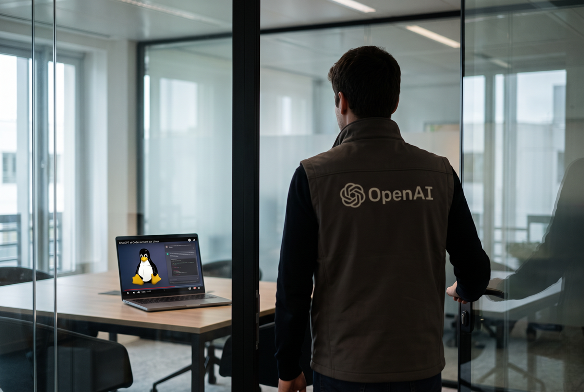 Personne portant un gilet OpenAI entrant dans un bureau vitré où un ordinateur affiche ChatGPT et Codex sur Linux avec la mascotte Tux.