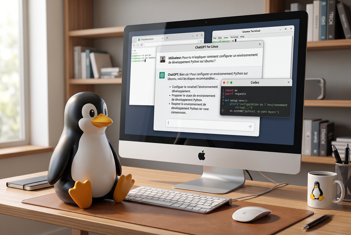 Manchot Tux devant l’application ChatGPT sur Linux avec Codex