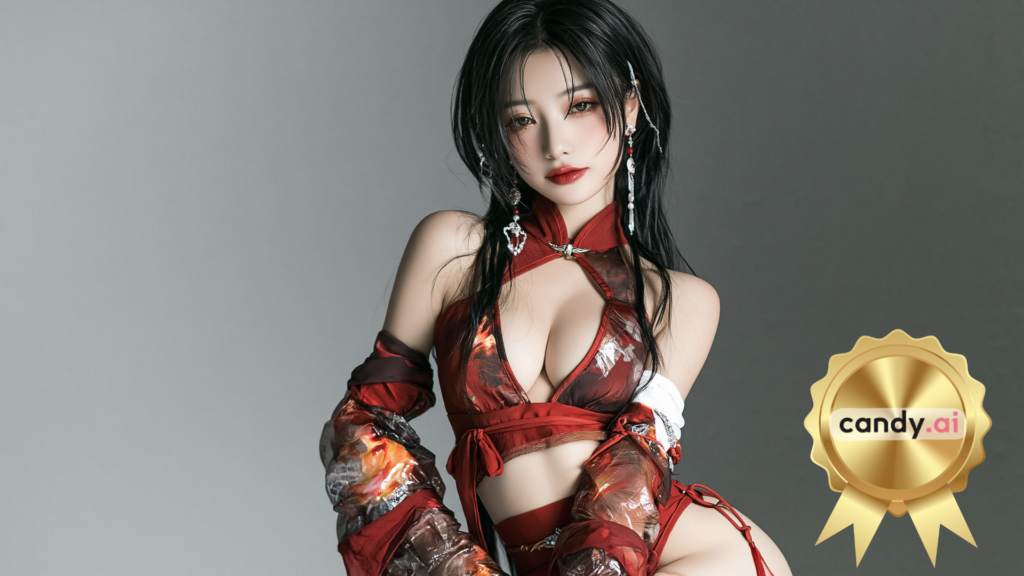 Femme IA aux longs cheveux noirs portant une tenue rouge inspirée du style asiatique, avec maquillage soigné, boucles d'oreilles pendantes et regard dirigé vers l'objectif