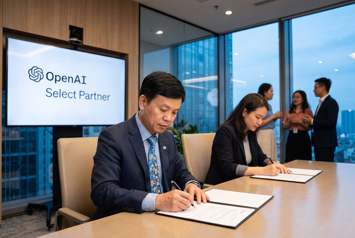 Pham Minh Tuan signe un accord officialisant le partenariat entre FPT Software et OpenAI.