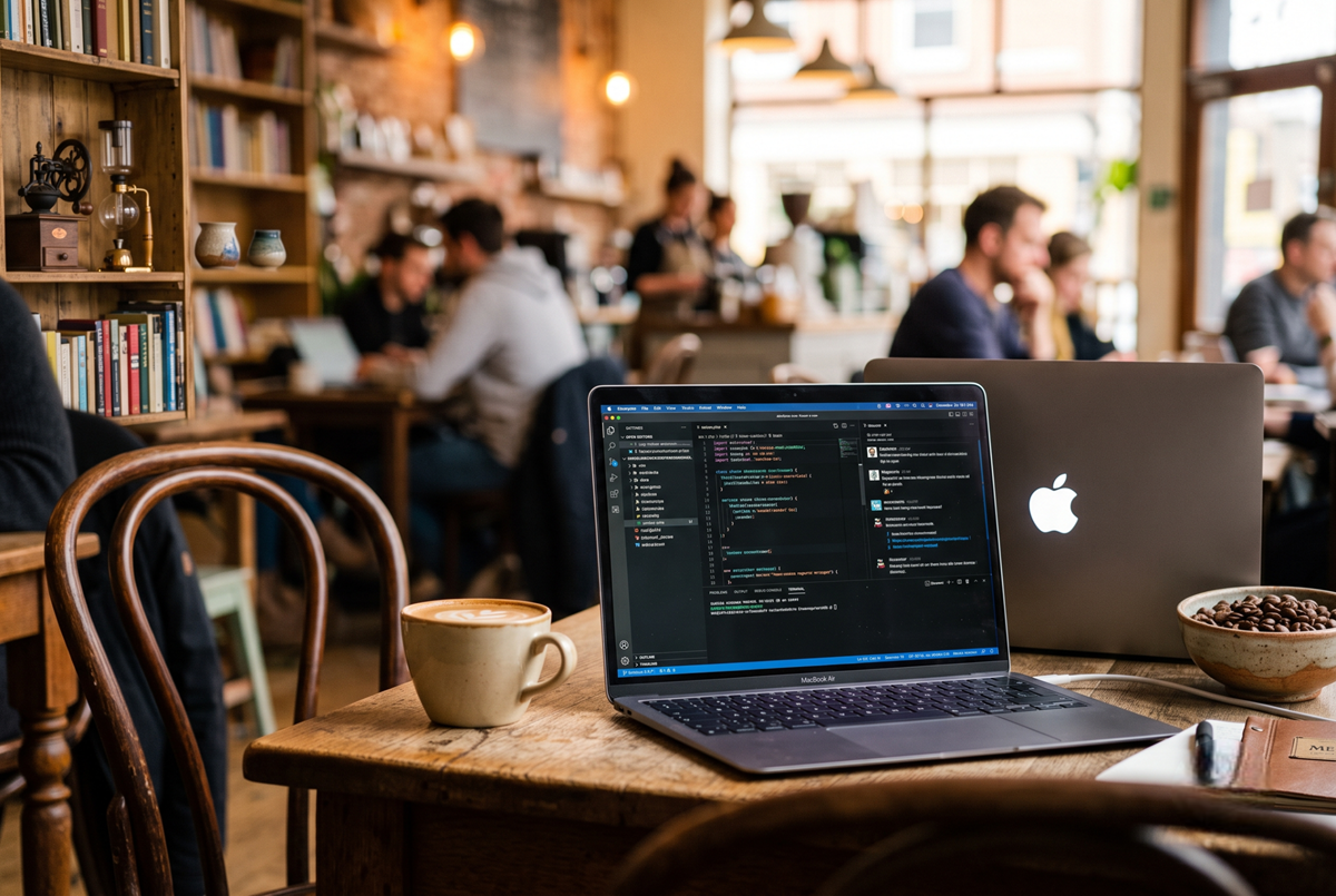 Utilisateur travaillant sur un MacBook avec l'IA locale de MacPaw et Liquid AI hors ligne dans un café