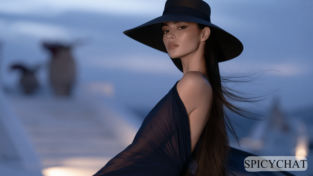 Une femme brune au chapeau noir pose face à l’objectif dans une ambiance élégante et tamisée